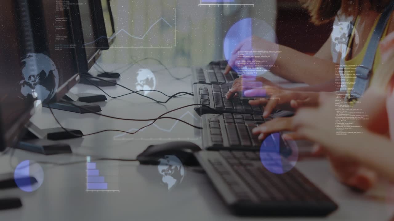 Female students beginning typing for coding, forming blue overlay charts and globe icons over keys