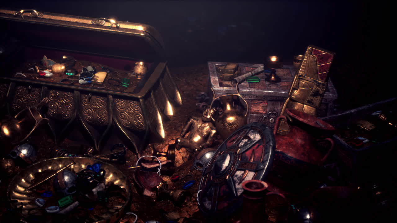 금과 유물로 가득 찬 고대 보물 상자