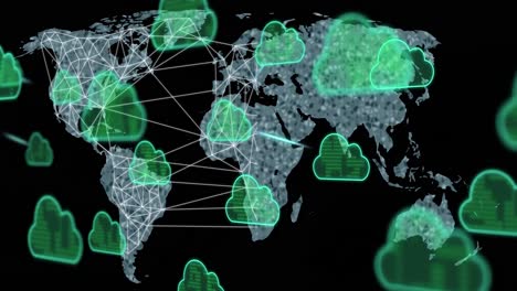 Animation-Von-Wolkensymbolen-Und-Datenverarbeitung-über-Der-Weltkarte