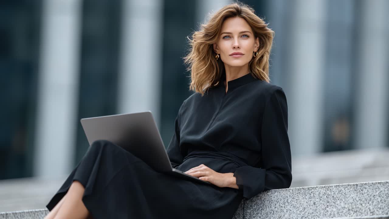 A Stylish Professional Woman Working Outdoors on a Laptop, Showcasing Confidence and Modern Elegance in a Chic Black Outfit Against a Contemporary Urban Background