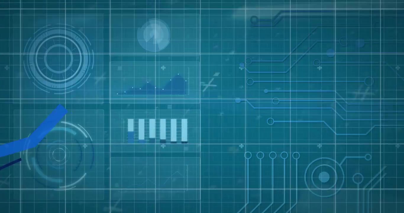 Animation of moving clock over shapes on blue background