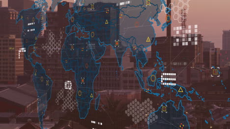 animación del mapa del mundo y procesamiento de datos financieros sobre el paisaje urbano