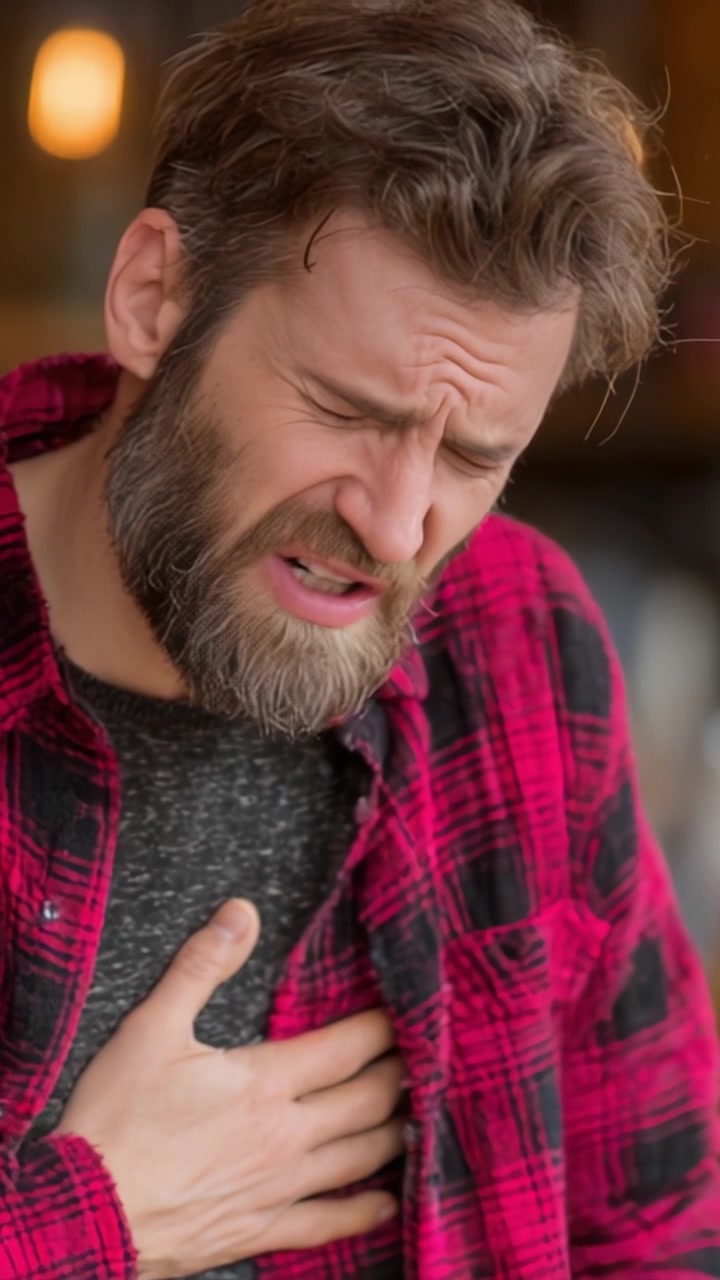 Un uomo che prova un intenso disagio si stringe il petto, mostrando la lotta fisica ed emotiva associata a dolore e angoscia in un momento di crisi.