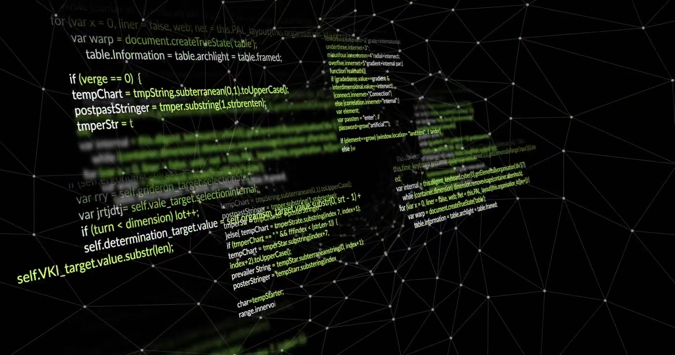 Green code fragments appearing at wireframe mesh and spiraling toward void representing data flow