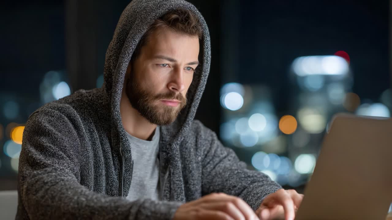 Gefocuste persoon in een hoodie die 's nachts op een laptop werkt, omringd door een vage stadsgezicht waardoor een dynamische en rustige sfeer ontstaat