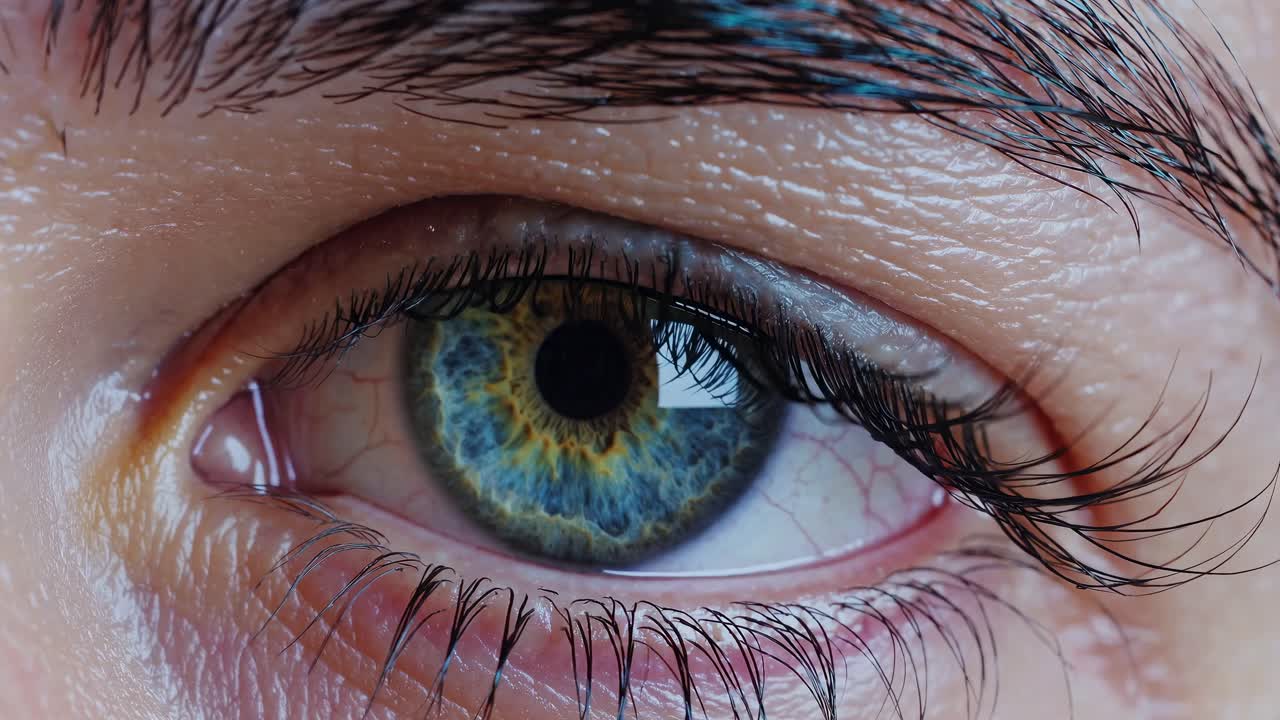 Close-up video style image of a human eye, showcasing intricate iris details and textures