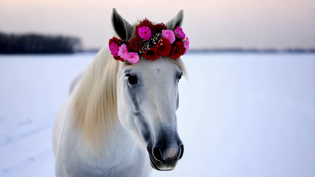 caballo blanco con corona de flores en el paisaje de invierno
