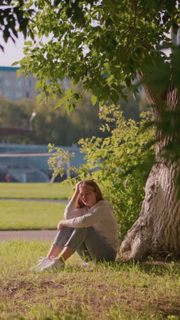 mujer se sienta pensativa en el suelo cubierto de hierba bajo un árbol, descansando su mano en su pierna, mirando hacia abajo en la contemplación pacífica, el fondo incluye vegetación, postes y estadio
