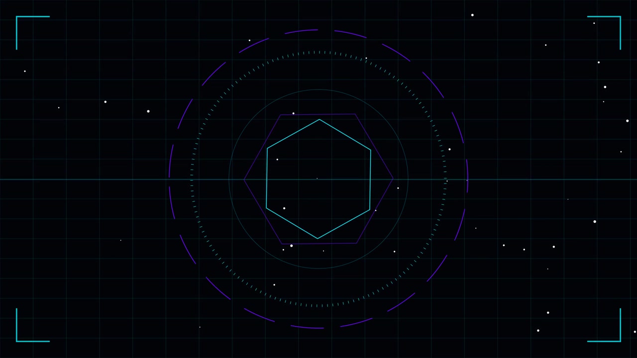 Futuristic Digital HUD Interface with Rotating Hexagonal Geometric Elements