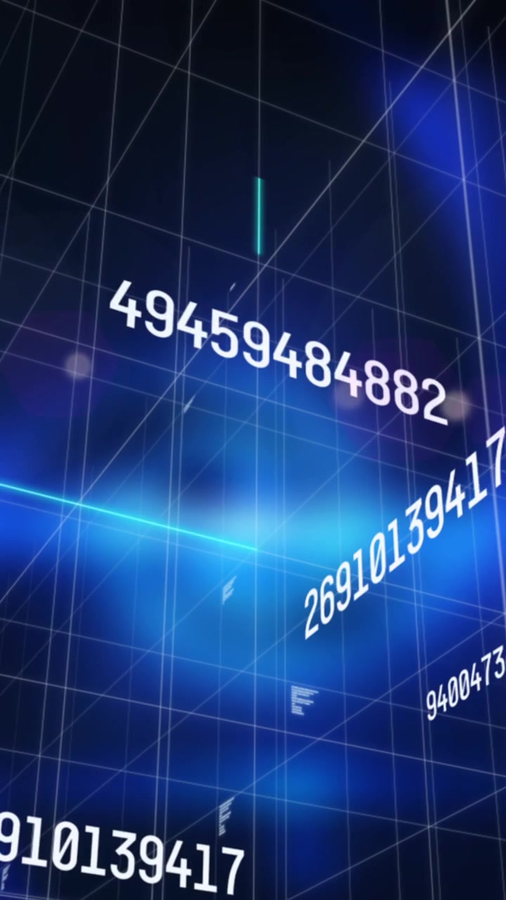 Animation of number changing and data processing over grid on glowing blue background