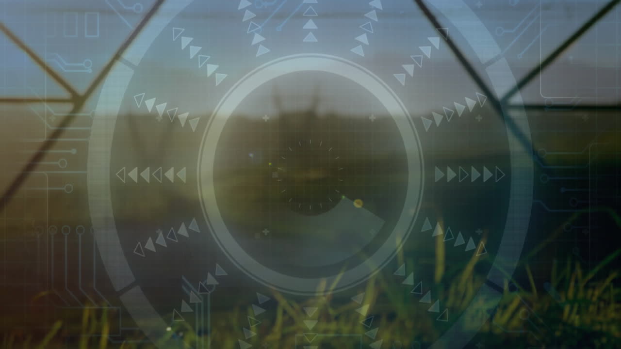 Transparent HUD being overlaid on field, showing circular rings, arrows, plus icons, circuit lines