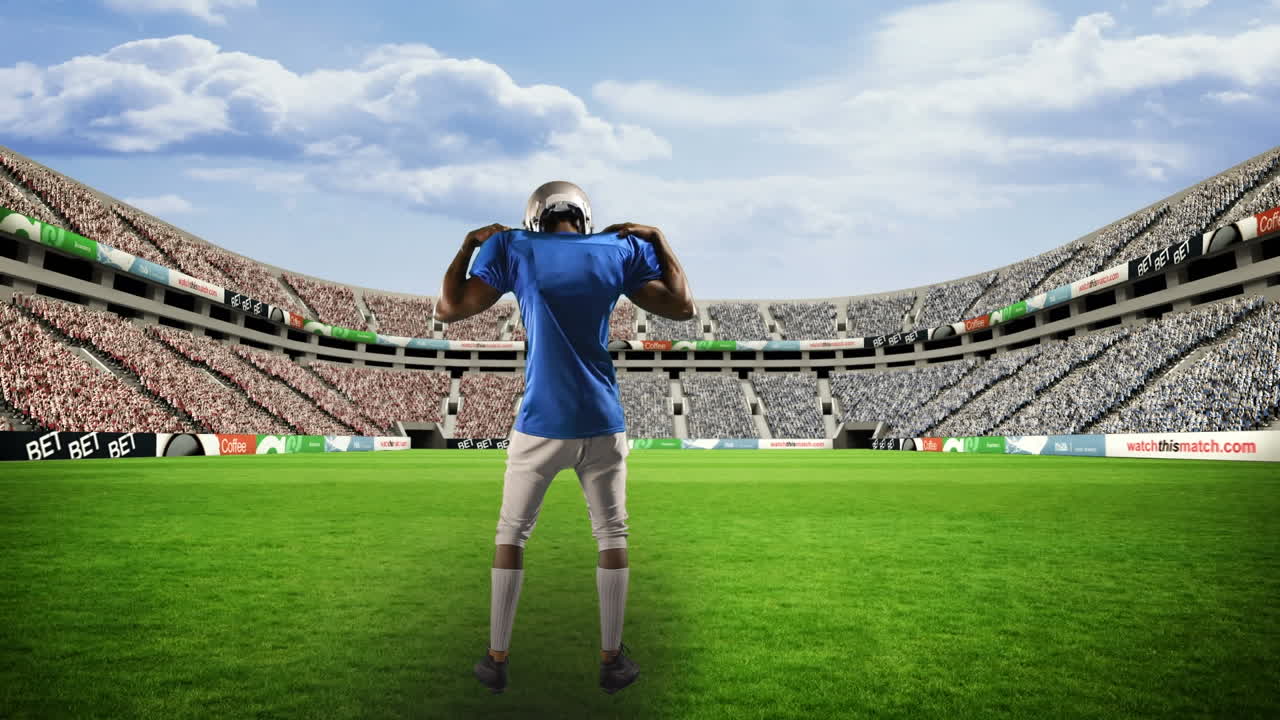 스포츠 경기장 위의 아메리칸  ⁇ 볼 선수의 애니메이션