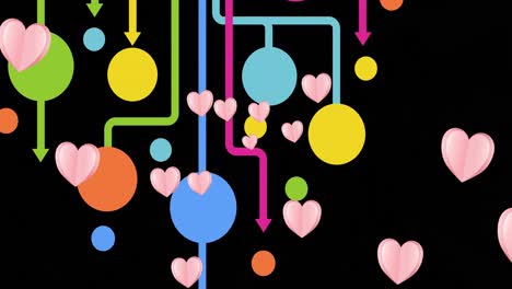 Animation-of-pink-hearts-moving-over-network-of-connections-on-black-background