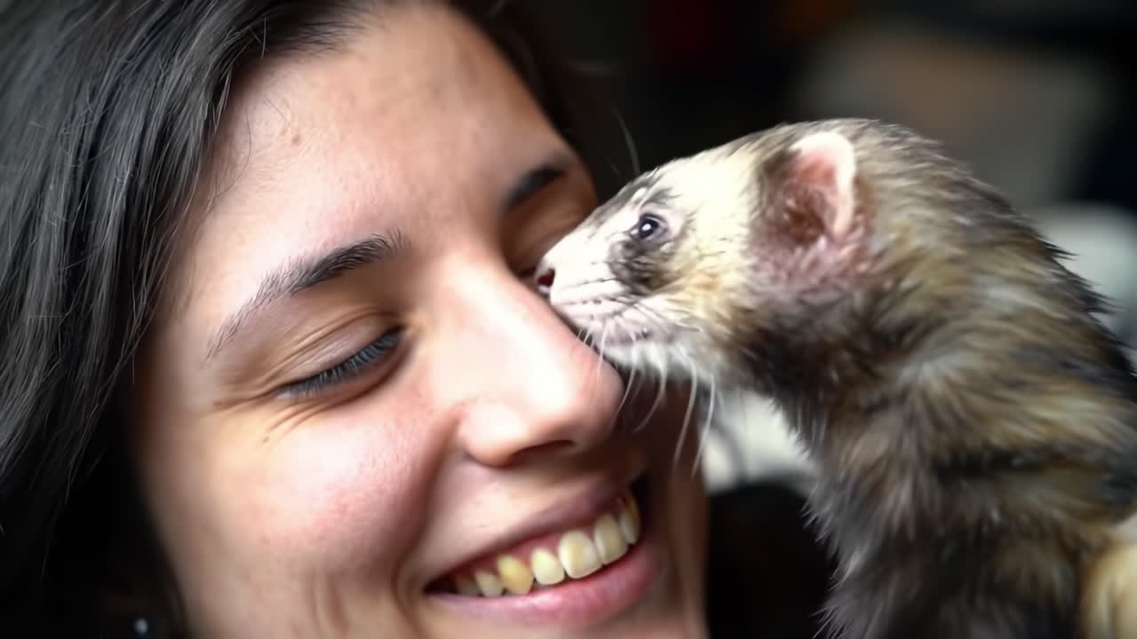 A Joyful Moment: A Close-Up Interaction Between a Person and a Ferret, Capturing Expressions of Happiness and Affection in a Playful Scene