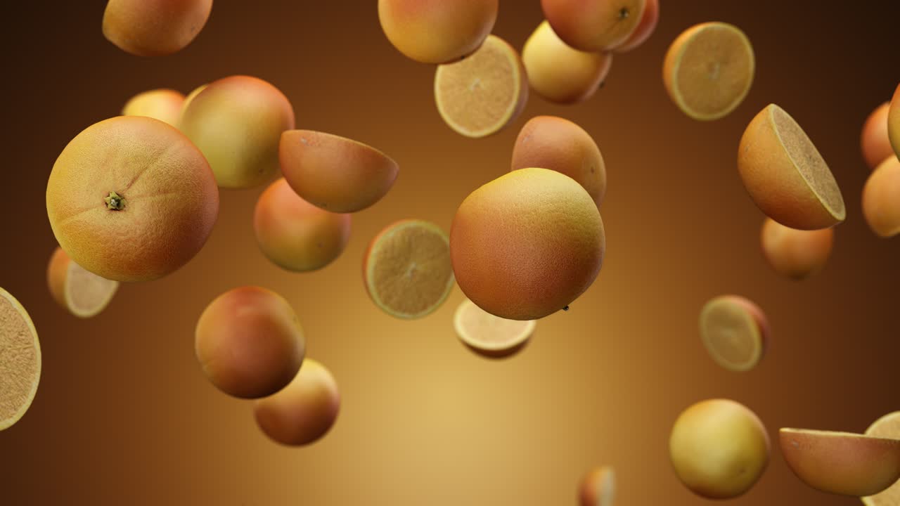 Slowly falling oranges on an orange background