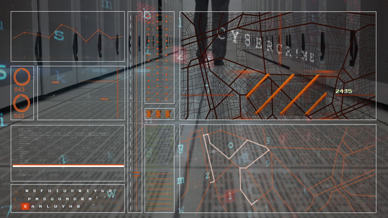 animación de patrones abstractos, textos, números, letras, sección baja de un hombre caminando en la sala del servidor