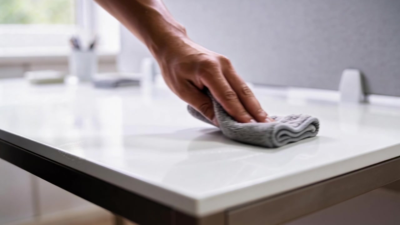 Approaching right hand and forearm cleaning white desk at office with gray cloth, polishing surface
