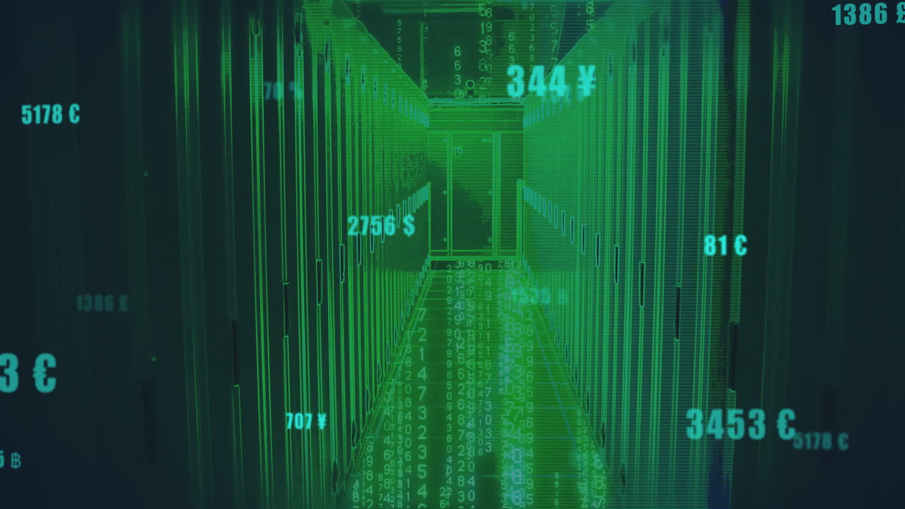 Digitale valutasymboler over animasjon i en futuristisk datasenterkorridor