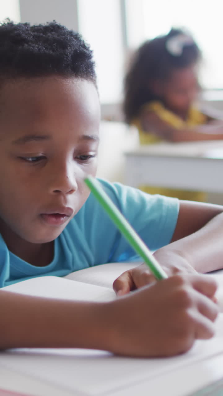 Video of focused african american boy doing lessons in classroom