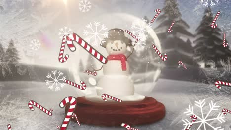 Candy-canes-icons-and-snowflakes-falling-over-snowman-in-a-snow-globe-on-winter-landscape