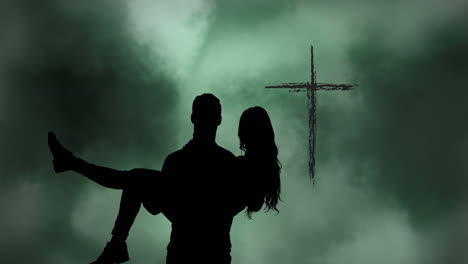 animation of silhouette of couple over clouds and cross