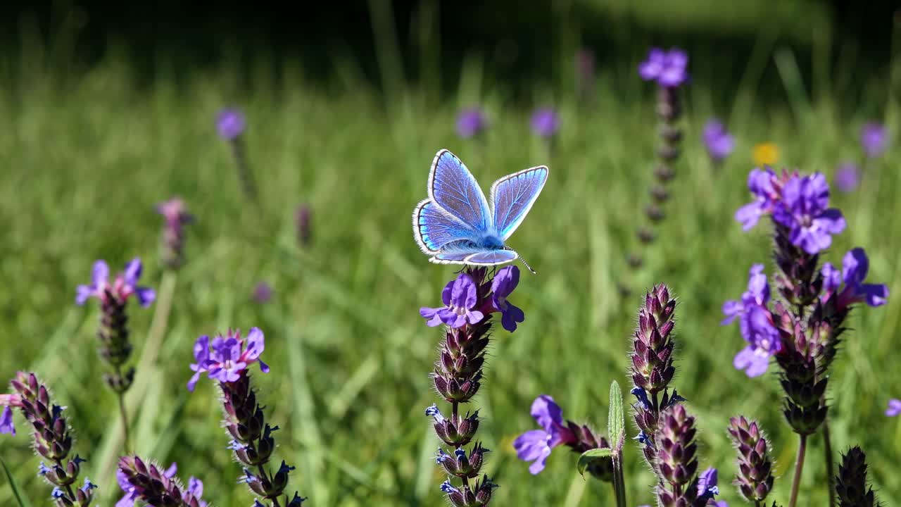 Un vivace angolo di ripresa ravvicinata cattura una farfalla blu appollaiata su fiori viola, ambientato
