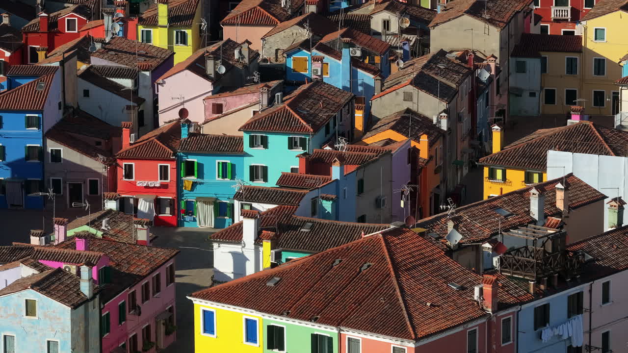 Aerial drone view of the colourful houses of Burano Island, Italy