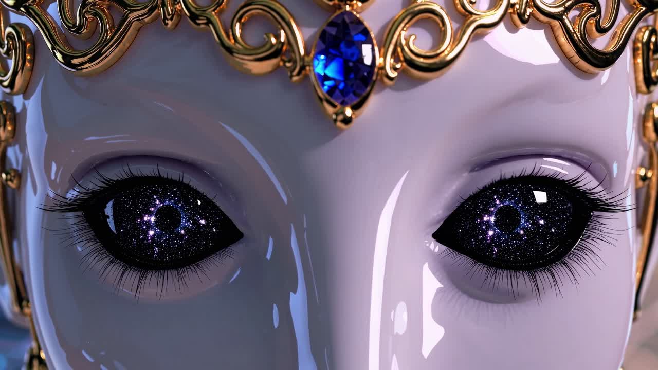 Regal extraterrestrial monarch wearing golden crown, gazing into shimmering galactic depths with sapphire intense eyes amid swirling cosmic radiance