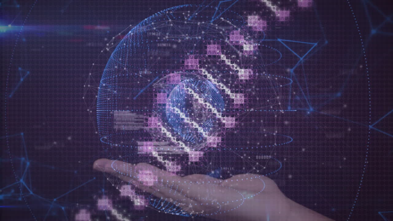 Hand holding digital globe with data processing and network connections animation