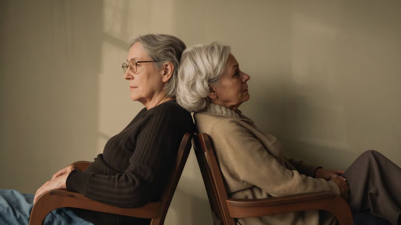 Zooming in, senior women shifting posture on chairs, beige wall, wearing glasses for closeup