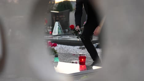 man coming to the grave to place a flower on a graveyard-1