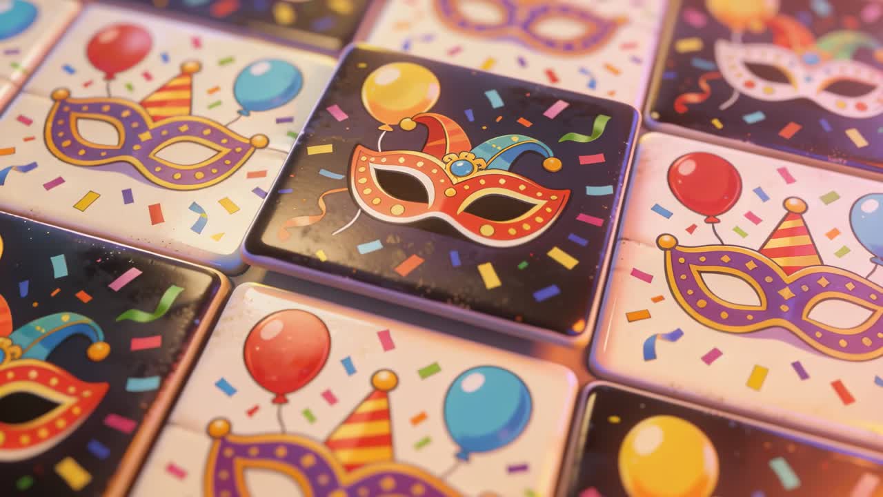 Panning camera moving across center glossy tile grid in studio, showing carnival masks, balloons
