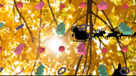 Animation-of-shapes-and-santa-claus-with-reindeer-over-trees