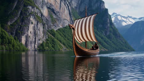 viking ship sailing in a fjord