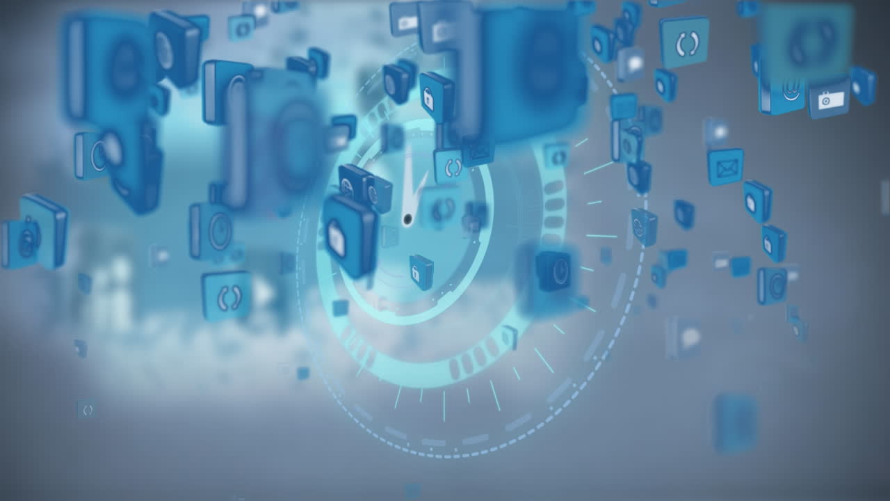 회색과 파란색 배경에 아이콘, 데이터 및 처리 원의 애니메이션