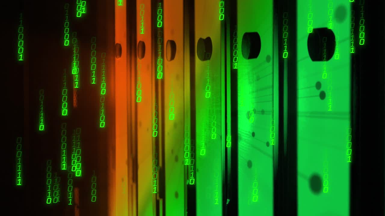 animación del procesamiento de datos de codificación binaria contra la sala de servidores de computadoras
