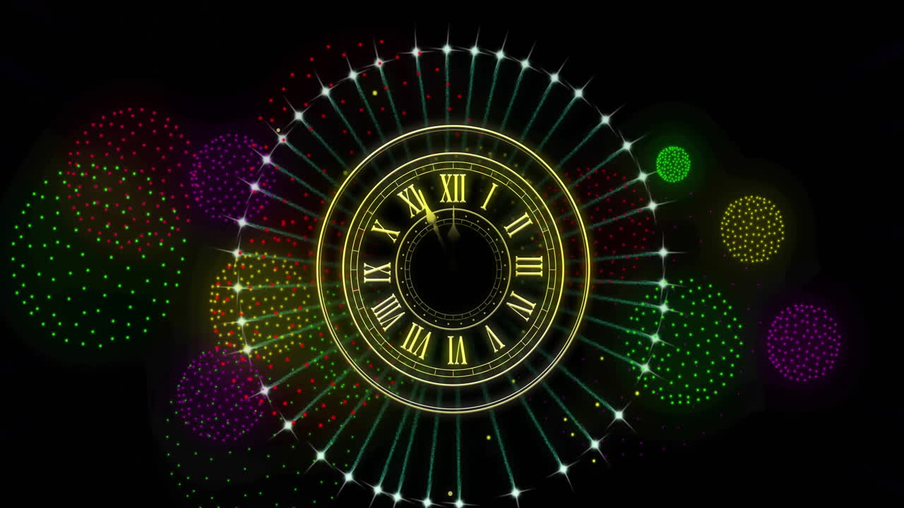 Animation of clock showing midnight and fireworks exploding on black background