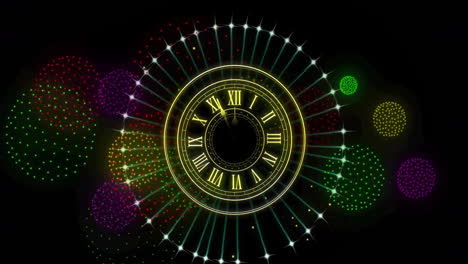 animación de un reloj que muestra la medianoche y fuegos artificiales explotando sobre un fondo negro