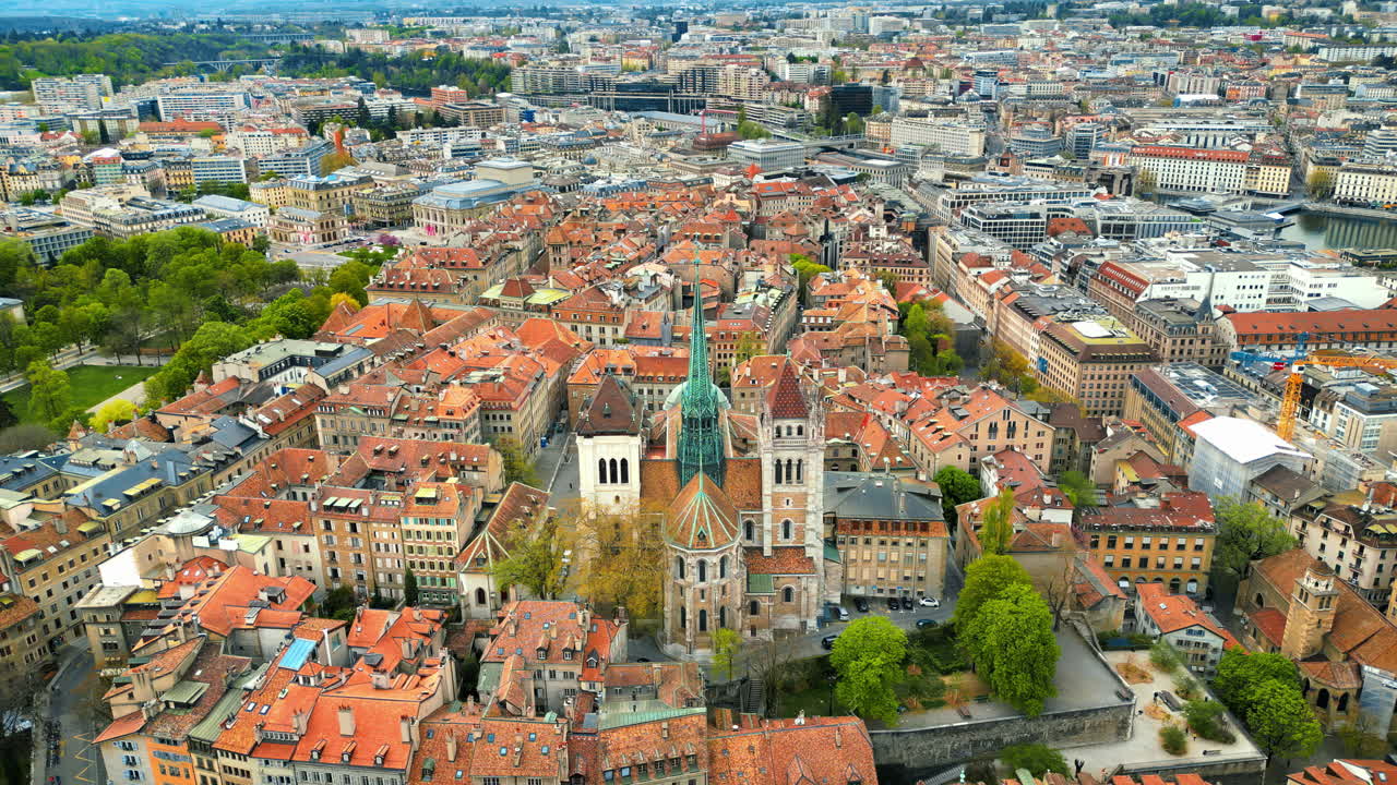Aerial, drone view of the buildings surrounding the St Pierre Cathedral in Geneva, Switzerland