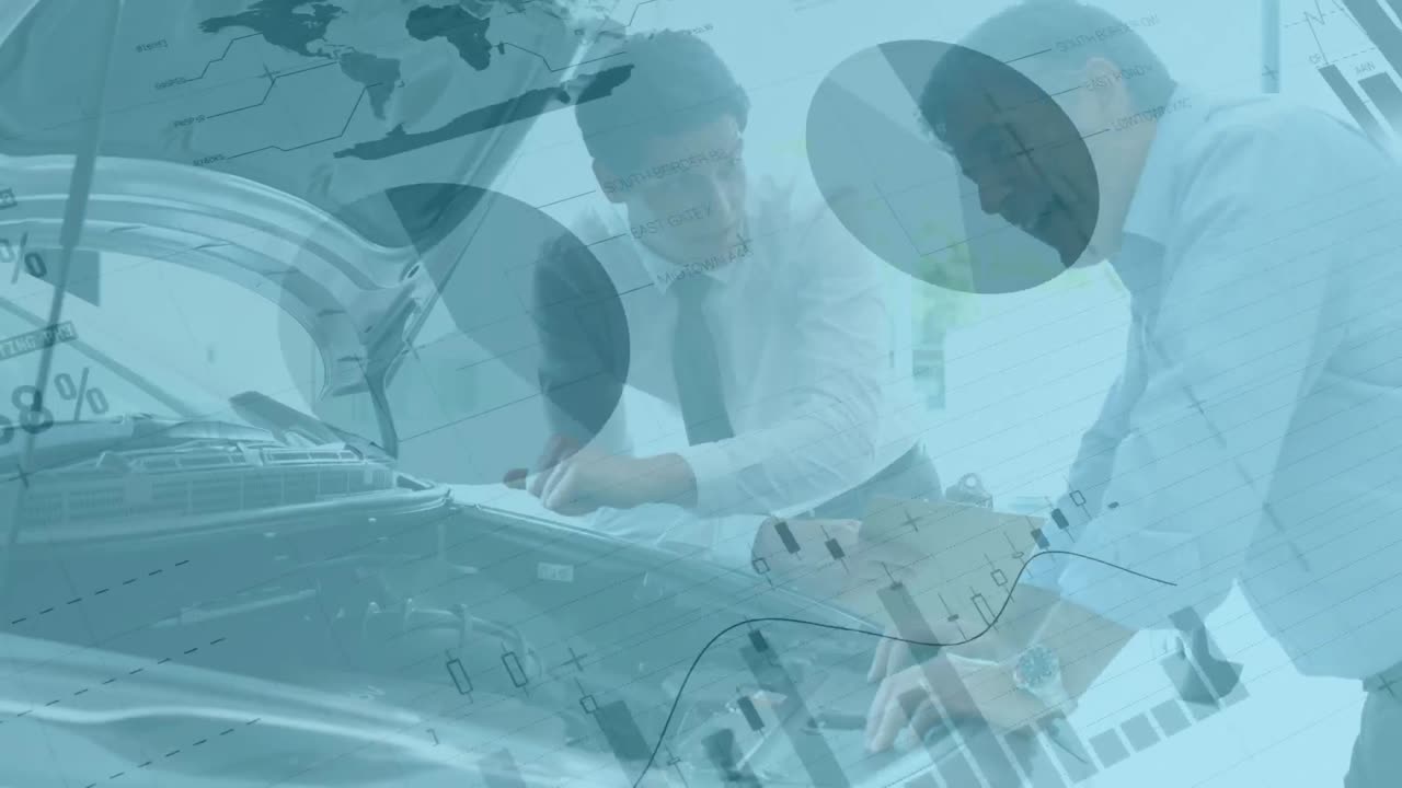 두 명의 백인 남자가 자동차 엔진에 의해 논의하는 데이터 처리와 함께 통계의 애니메이션