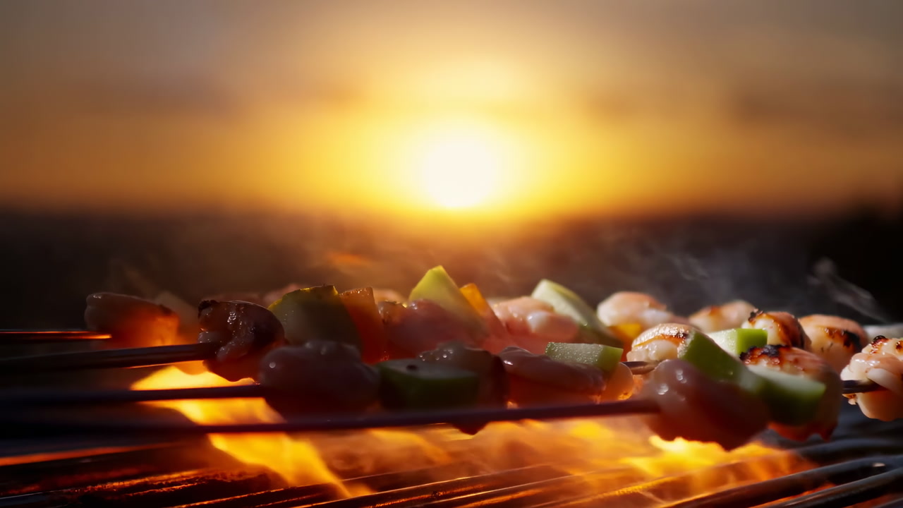 Skewers Sizzling On Grill At Sunset, Backyard Chef Tending Kebabs Over Charcoal As Flames Lick Grill Bars