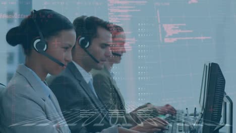 animazione dell'elaborazione dei dati su diversi uomini d'affari che utilizzano cuffie telefoniche