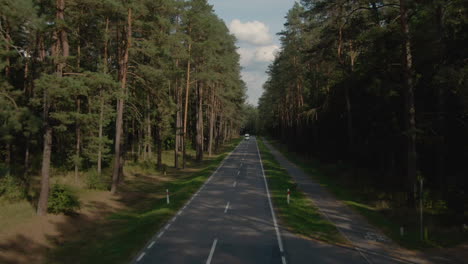 aerial drone view of a minivan car vehicle driving on a forest road in poland
