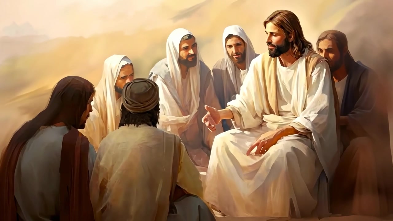 Gesù Cristo che insegna ai suoi discepoli in un paesaggio desertico