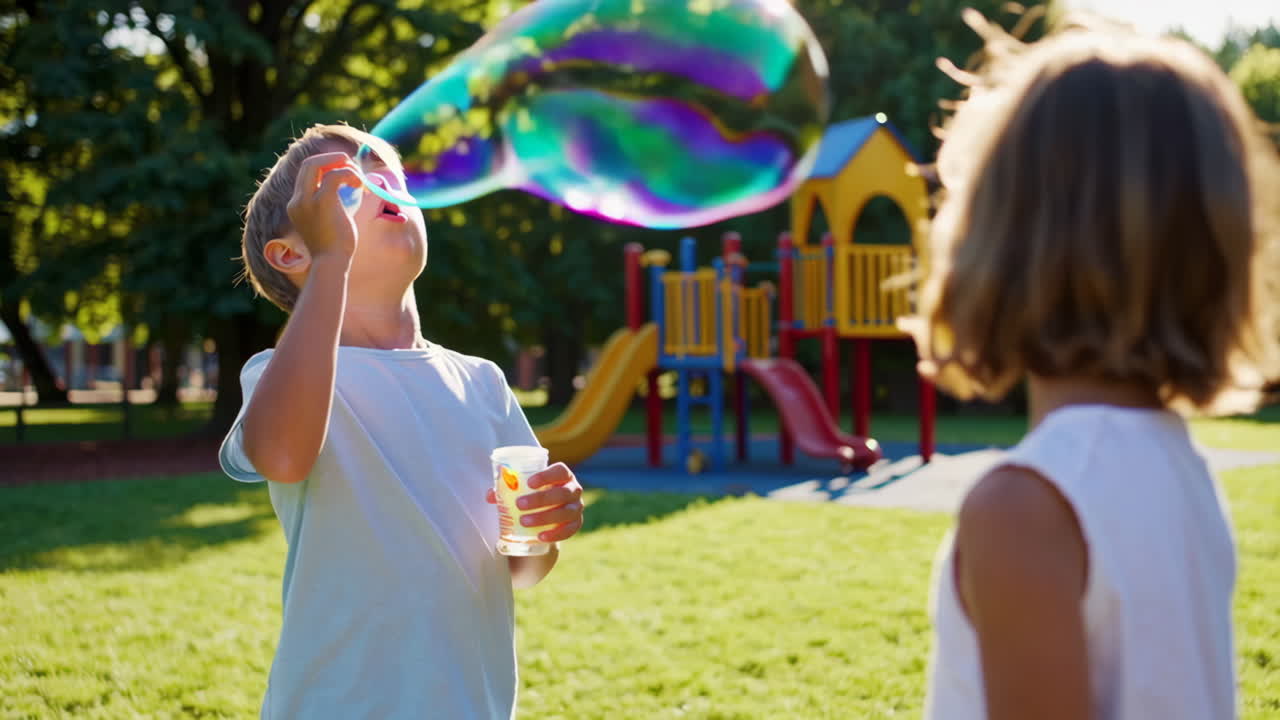 Boy blowing large bubbles in a park with a girl watching