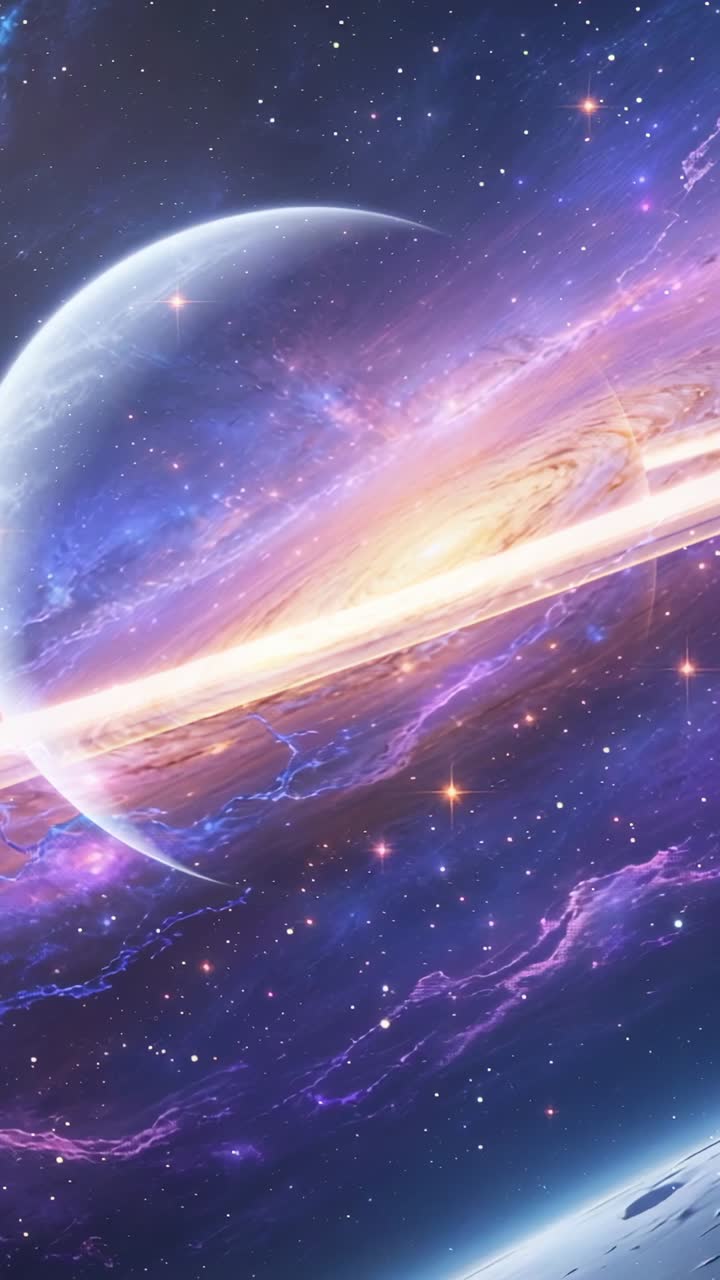 Vertical video: Starting cosmic vista revealing pale planet in space, with glowing ring and nebulae