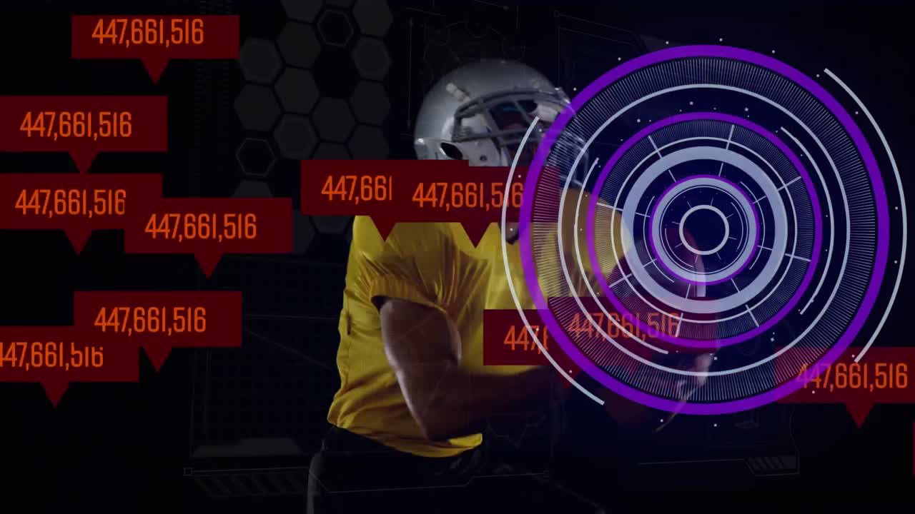 animación del procesamiento de datos sobre un jugador de rugby afroamericano que sostiene la pelota
