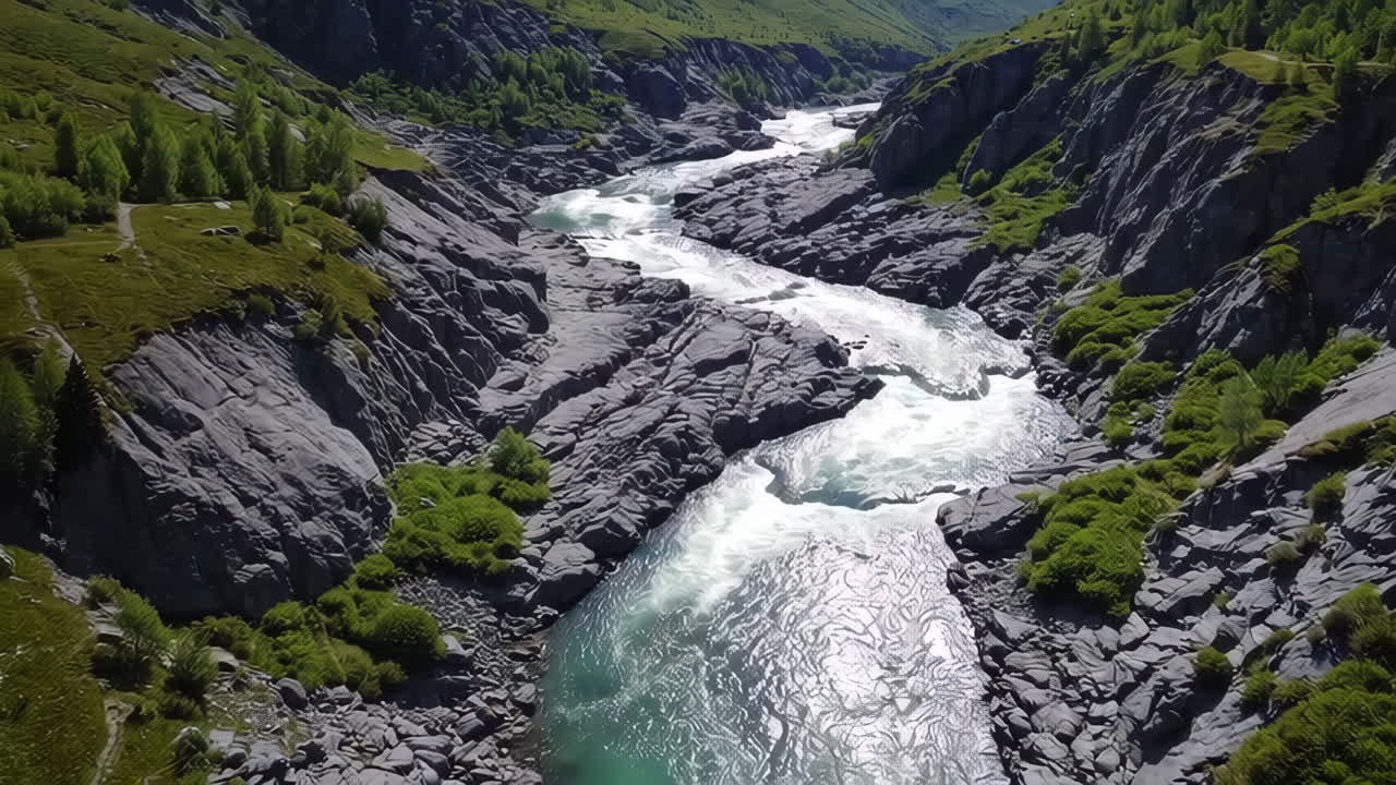 A powerful river with rapids flowing through a rocky canyon surrounded by green mountains