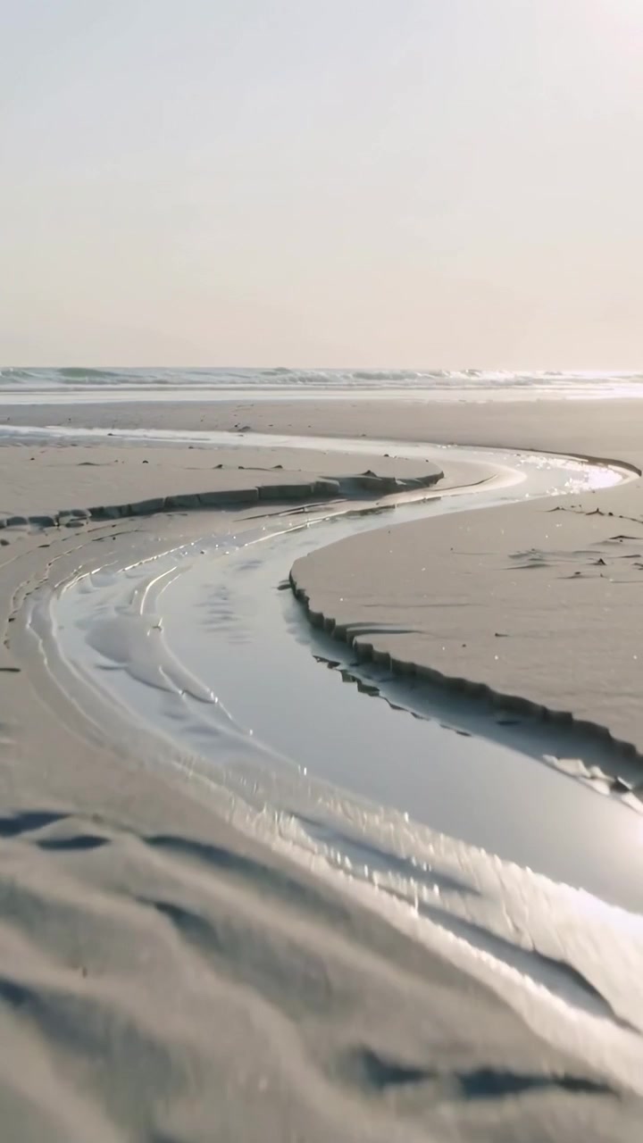 Vertikal video: Sporingskamera afslører tidevandskanal, der buer mod havet på strand med våde krusninger.