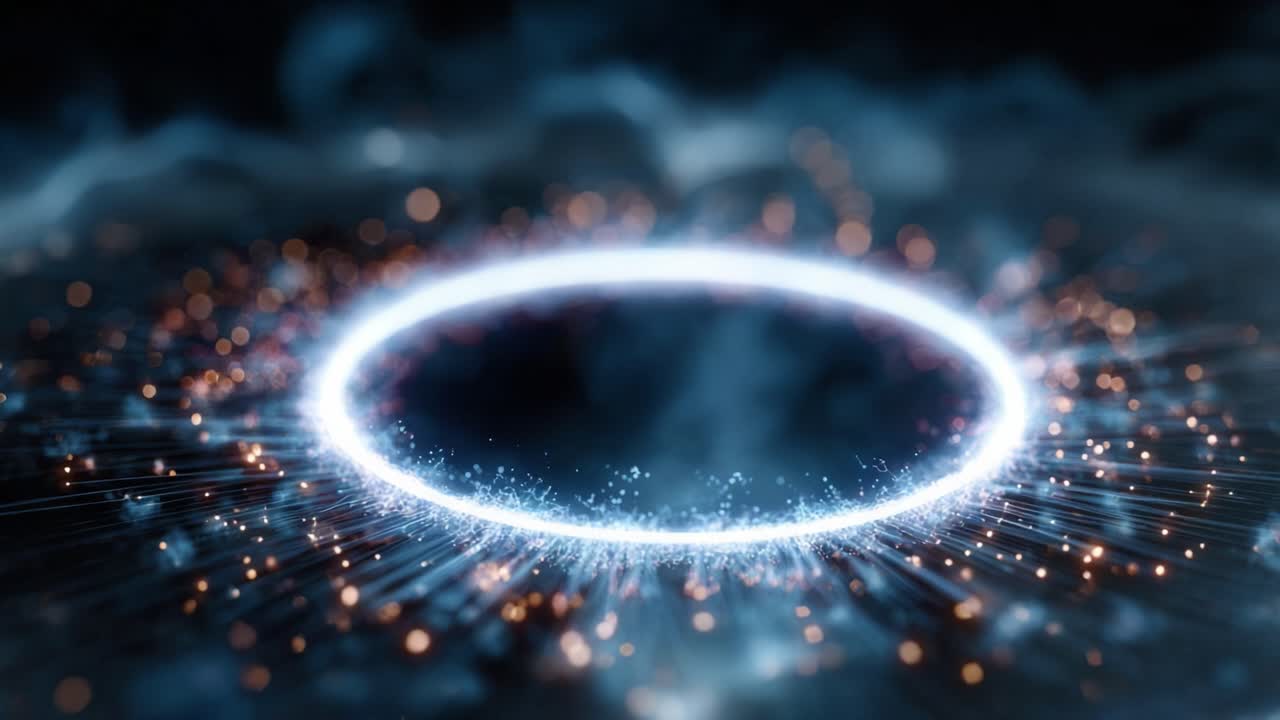 Un'Immagine Dinamica e Affascinante di un Portale Circolare Luminoso, Circondato da Particelle Scintillanti e Luci Eteree, Che Offre uno Sguardo in uno Spazio Surreale e Ultraterreno